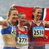 2008 год, Пекин, XXIX Олимпийские Игры, легкая атлетика: призеры Олимпийских Игр в женской ходьбе на 20 км. Слева направо: Elisa Rigaudo (Италия), Olga Kaniskina (Россия) и  Kjersti Tysse-Platzer (Норвегия)
